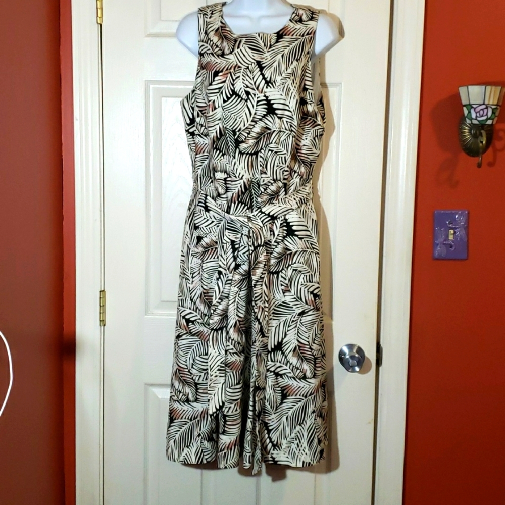 Anne Klein Black and Cream Palm-Print Midi Dress